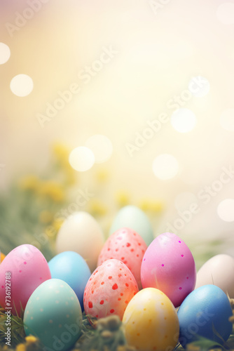 Colorful hand painted Easter eggs on the grass. Bokeh background.