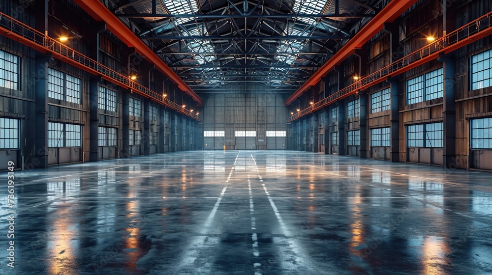Warehouse or industry building interior. Empty space and concrete floor.