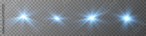 A set of bright blue glowing effects isolated on a transparent background. Solar flare with rays and spotlight. Glowing light effect. 