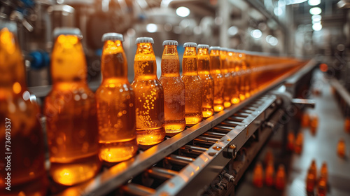 A high-tech brewery with robots brewing, bottling, and packaging beer on a conveyor belt.