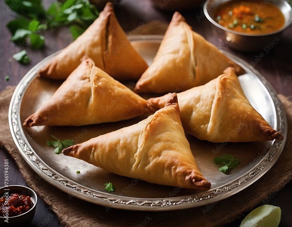 Veg Samosa - is a crispy and spicy Indian triangle shape snack which has crisp outer layer of maida filling of mashed potato, peas and spices Veg Samosa - is a crispy and spicy Indian triangle shape snack which has crisp outer layer of maida filling of mashed potato, peas and spices