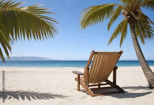 A wooden beach chair on sandy shore with palm tree leaves in the foreground and clear blue sky, calm sea, and distant hills in the background