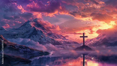 cross for easter background in high snow capped mountains in most beautiful multicolored sky - AI Generated