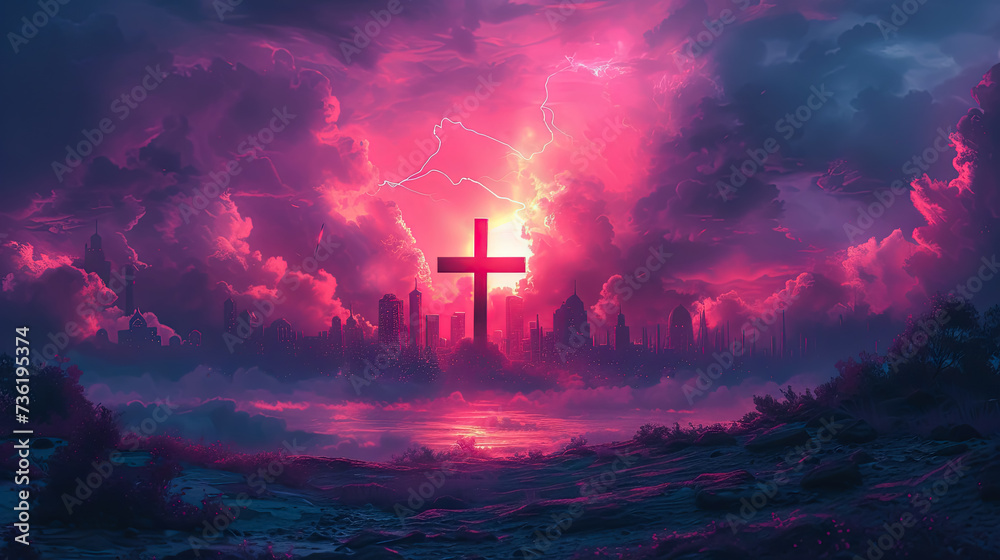 The crucifix symbol of Jesus on the apocalyptic background - judgment day, end of world, huge powerful lightning hits city from red glowing skies - AI Generated