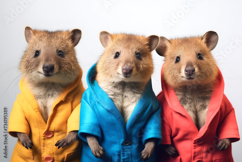 Gang family of quokka in vibrant bright fashionable outfits, commercial, editorial advertisement, surreal surrealism. Group shot.   © RosCheng