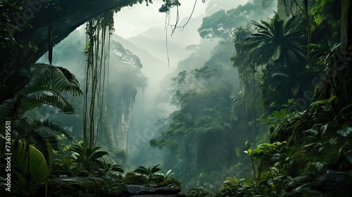 Dense jungle canopy with misty atmosphere