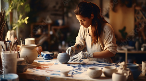 Potter woman paints ceramic cup. Woman working.