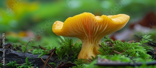 Vibrant yellow mushroom on lush green mossy ground in the forest