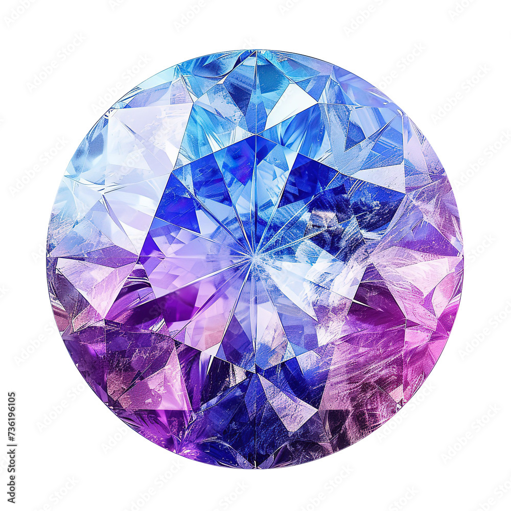 Top view of bright blue and violet tanzanite in cut of circle shape isolated on white background. Top view of bright blue and violet tanzanite in cut of circle shape isolated on white background.