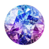 Top view of  bright blue and violet tanzanite  in cut of circle shape isolated on white background.