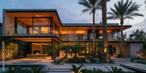 Photo of modern house with beautiful landscaping and palm trees © Kien
