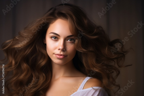 Portrait of a young woman with perfect skin, and perfect hair in a beauty salon or spa © Kien