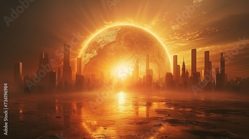 The planet earth scene from space, in the style of dystopian cityscapes, global warming, apocalypse concept