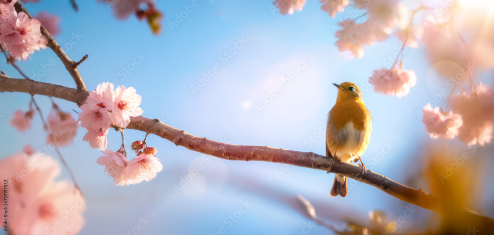 abstract art Easter songbird and beautiful morning Spring floral landscape background; Springtime Blossom sakura Cherry tree flower and robin bird abstract art Easter songbird and beautiful morning Spring floral landscape background; Springtime Blossom sakura Cherry tree flower and robin bird