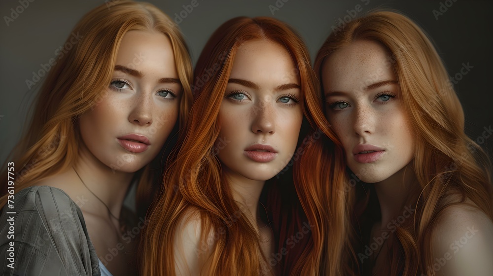Triple redhead elegance. three sisters, portrait in soft light. fashion and beauty concept with natural style. serene, graceful women. AI Triple redhead elegance. three sisters, portrait in soft light. fashion and beauty concept with natural style. serene, graceful women. AI
