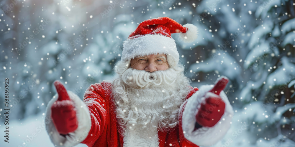 Santa Claus shows two thumb up in snowy forest banner