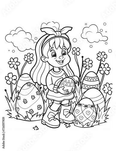 Easter coloring page for children with a girl and Easter eggs
