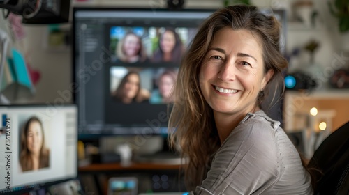 Free Download Professional female photographer in a creative workspace. smiling artist with digital portraits. workplace candid capture. modern photography studio. AI - GFXLoad