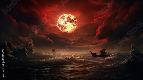 dramatic natural sky,round moon on the sea,red clouds. Shadows in moon resemble a rabbit or hare as is legend in Chinese folklore. Total solar eclipse is approaching