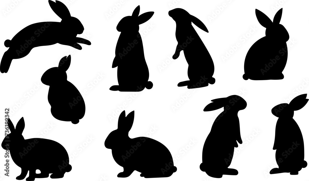 Easter bunny silhouettes, rabbit clip art set, isolated decorative elements for the holidays