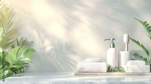 Serene bathroom decor with sunlight and greenery, perfect for spa marketing. clean and natural style. peaceful ambiance for wellness. AI