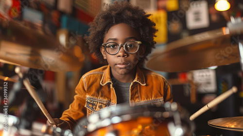 Schoolboy boy in glasses plays drums © SashaMagic