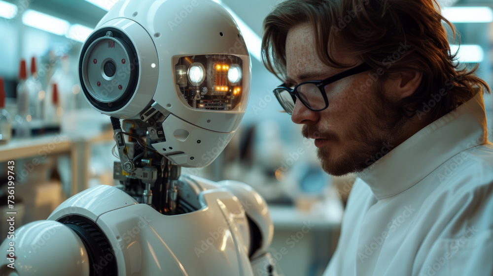 A male engineer in a white coat next to a robot. A male engineer in a white coat next to a robot.