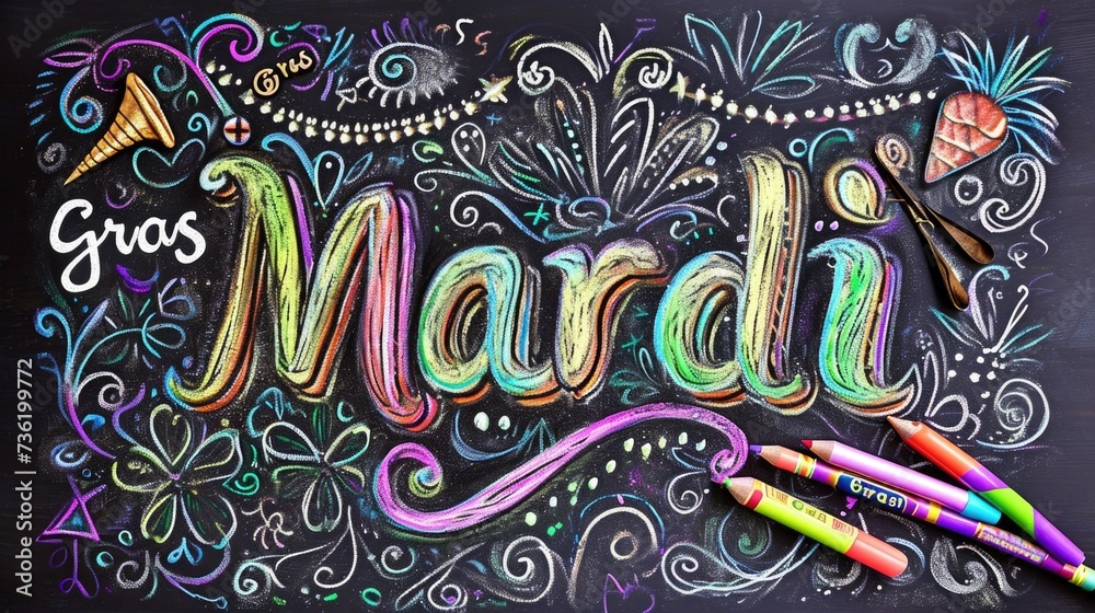 The image displays a colorful chalk drawing with the words 