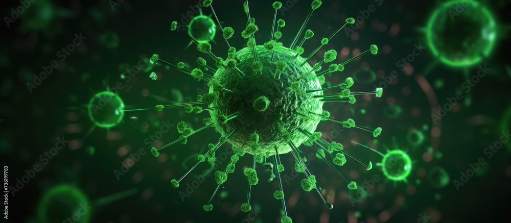 The image showcases a detailed 3D rendering of a green virus-like particle centrally positioned and greatly magnified. It features numerous spike proteins extending from its core, which resemble the c