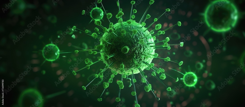 The image showcases a detailed green virus-like particle centrally positioned and greatly magnified. It features numerous spike proteins extending from its core, which resemble the c The image showcases a detailed green virus-like particle centrally positioned and greatly magnified. It features numerous spike proteins extending from its core, which resemble the c