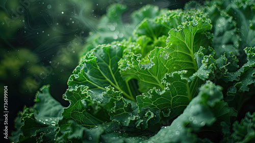 Close-up of curly kale leaves with fresh water droplets, highlighting the intricate textures and vibrant green hues.
 photo
