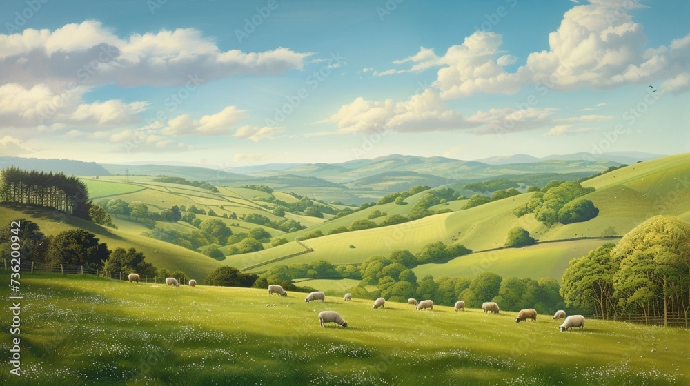 A picturesque countryside scene of rolling hills dotted with grazing sheep, bathed in the soft light of a spring morning