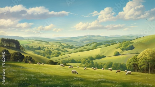 A picturesque countryside scene of rolling hills dotted with grazing sheep  bathed in the soft light of a spring morning