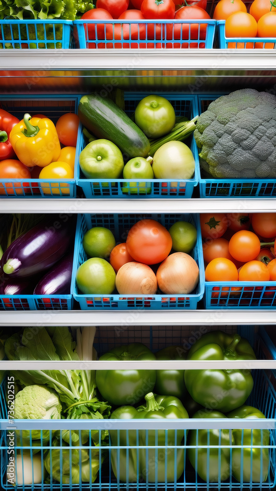 Secure fresh, colorful vegetables in a supermarket basket.