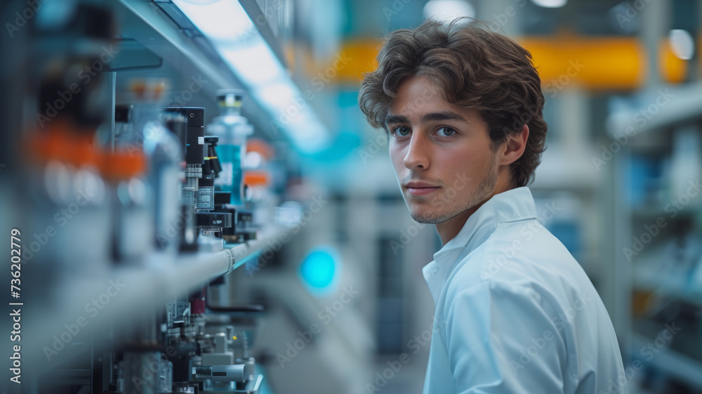 A male engineer in a white coat. A male engineer in a white coat.