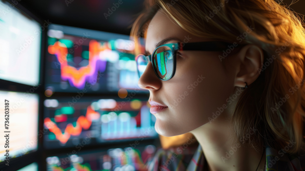 A businesswoman examines analytical data on a monitor screen. A businesswoman examines analytical data on a monitor screen.