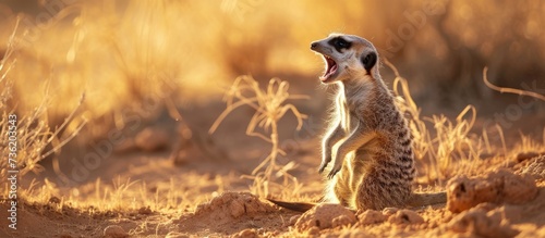 Curious meerkat standing alert in the wild desert habitat watching for predators while being vocal with its group photo
