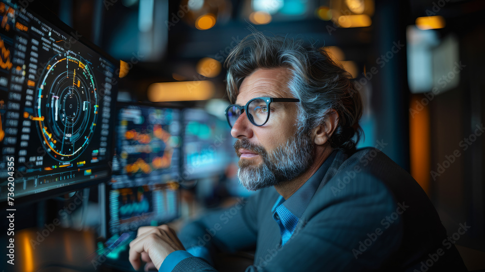 A focused man analyzes data while looking at the monitor. A focused man analyzes data while looking at the monitor.