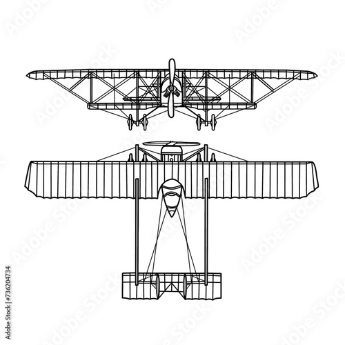 Vector drawing Illustration of 1900's vintage aircraft line art, biplane Retro motor aircraft with propeller, outline vector doodle illustration, front and top view isolated on white background