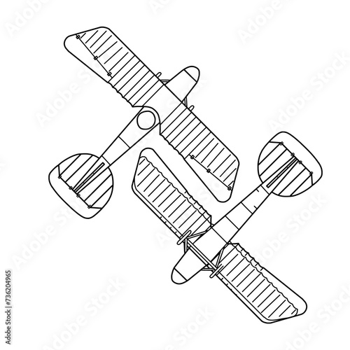 Template vector hand drawing of 1900's vintage aircraft line art, biplane silhouette with white detail lines, outline vector doodle illustration,top and bottom view isolated on white background