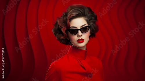 Portrait of a beautiful woman in red dress and sunglasses over red background.