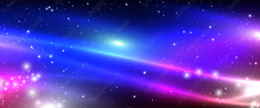 Obraz premium Panorama space galaxy background with nebula and shining stardust. Science galaxy cosmis background. Star universe and stardust in deep space background. Science and Technology backdrop. Vector EPS10.