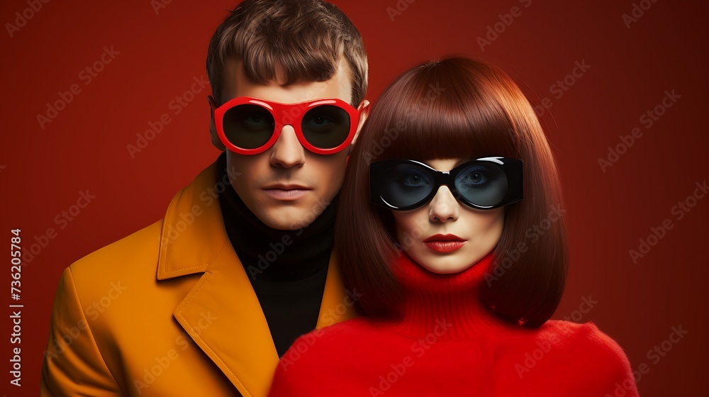 Portrait of a beautiful young couple in sunglasses. Studio shot. Portrait of a beautiful young couple in sunglasses. Studio shot.