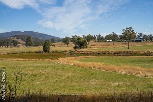 Water dam on a farm in a field surrounded by trees and green grass on a farming landscape