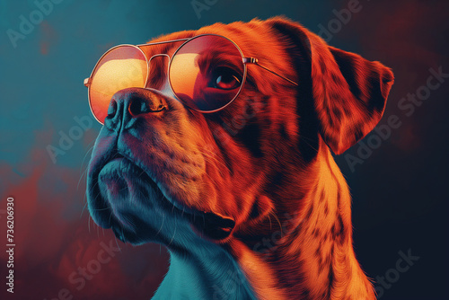 A cute English Bulldog wearing glasses portrait on a colorful background. photo