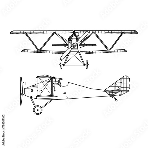 Template vector Hand drawn ink sketch of aircraft line art, biplane planes, Air transportation, outline vector doodle illustration, front and side view isolated on white background