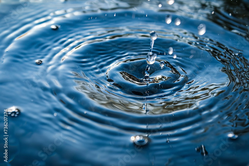Close up of water surface with splashing circle. Close-up water droplets affect the surface, forming rings on the surface. reflections in blue water.