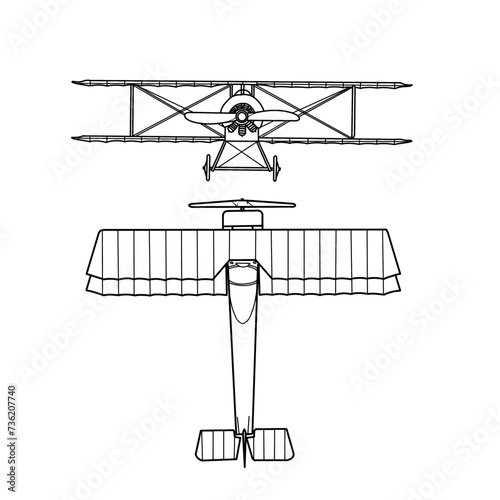 Technical sketch drawing Illustration ink sketch of aircraft line art, biplane planes, Air transportation, outline vector doodle illustration, front and top view isolated on white background