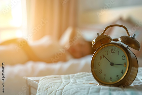 Clock Beside Sleeping Woman. Sleepy blurred woman in bed extending hand to alarm clock. Beautiful model are sleeping in white room with alarm clock