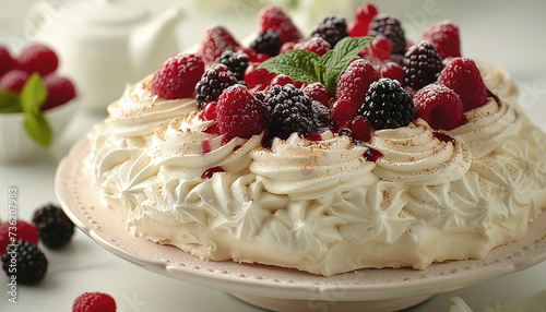 Homemade delicious meringue cake "Pavlova" with fresh strawberry, berries, raspberries and mascarpone on a white background.